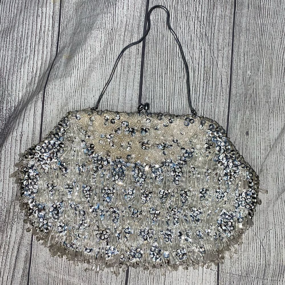 Vintage sequin & tassel beads hand held clutch w/snap close & silver cord strap